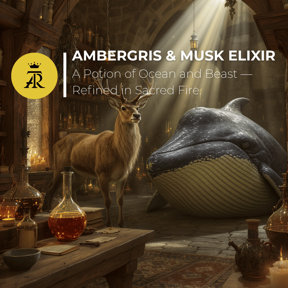 Deer and whale in a mystical room with ambergris and musk elixir, AR logo visible