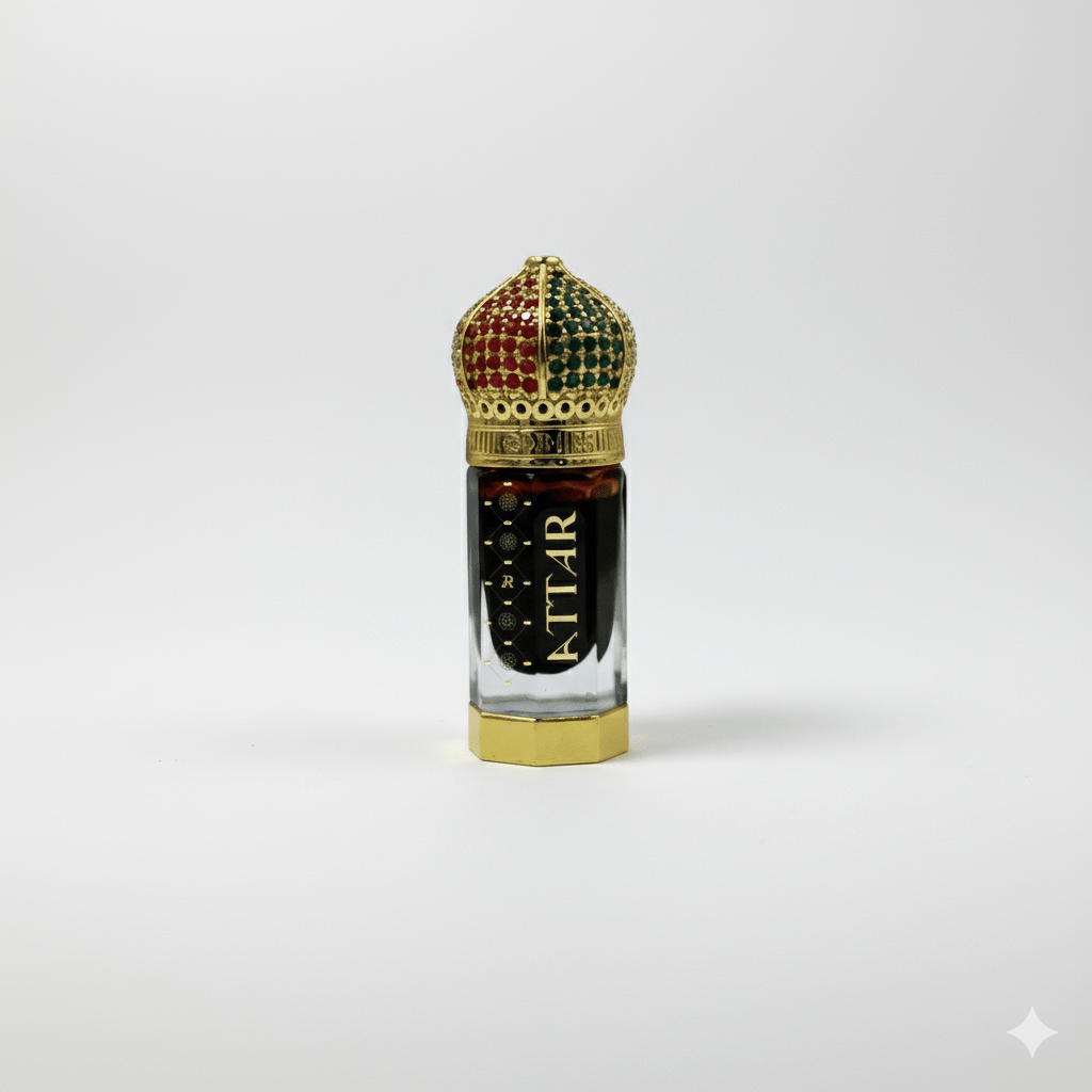 Decorative perfume bottle with a crown-like top on a white background