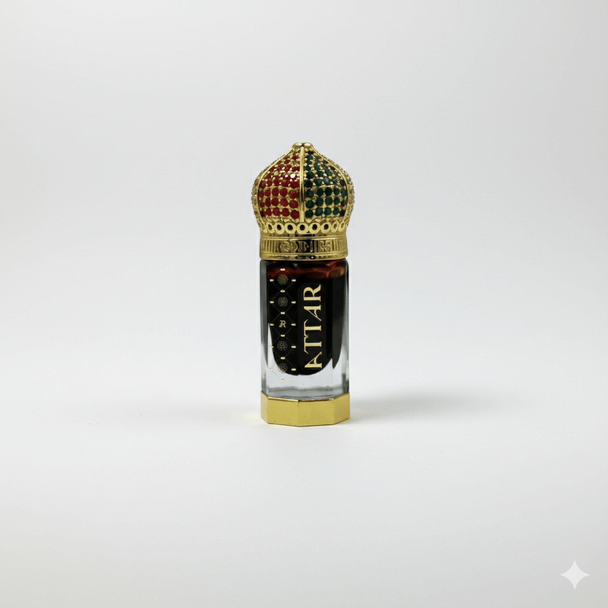 Decorative perfume bottle with a crown-like top on a white background