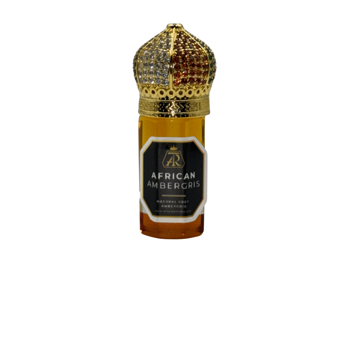 Bottle of African Ambergris with decorative cap on a white background