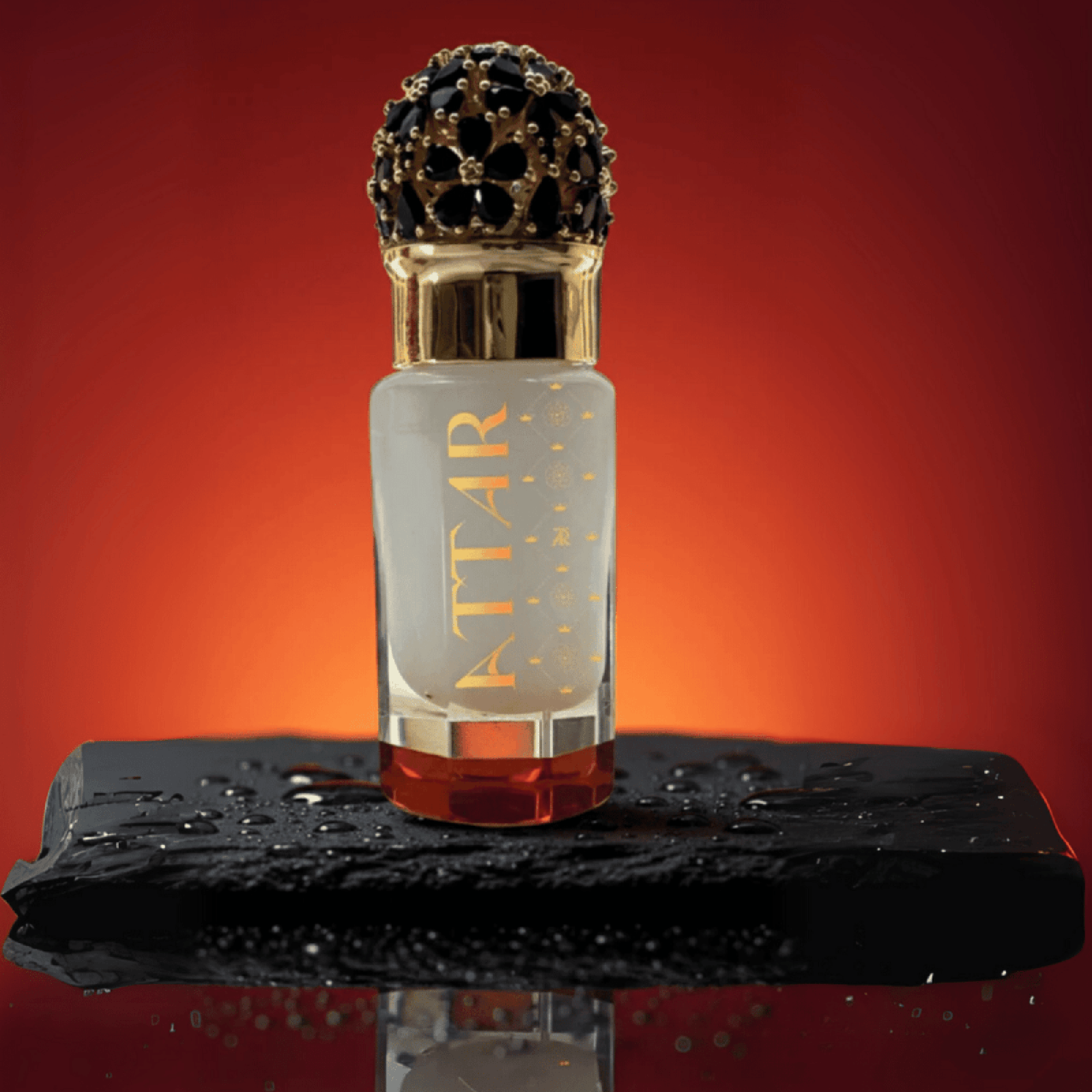 Perfume bottle with decorative cap on a reflective surface against a gradient red background