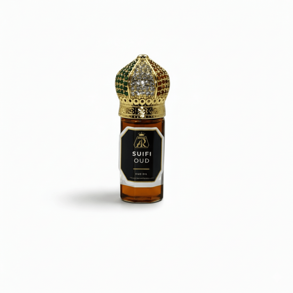 Bottle of Suifi Oud with decorative cap on a white background