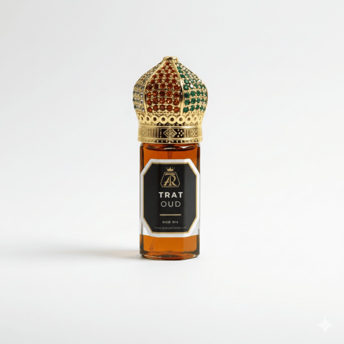 Bottle of TRAT OUD with an ornate lid on a white background