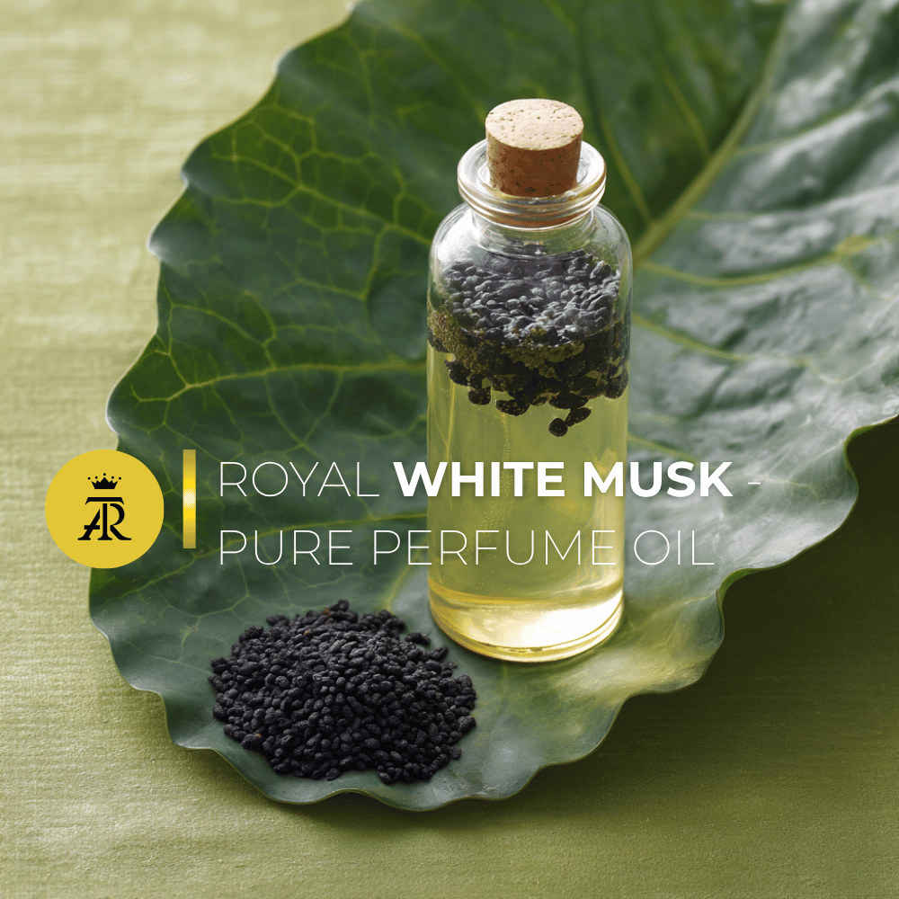 Bottle of Royal White Musk pure perfume oil on a green leaf with brand logo.