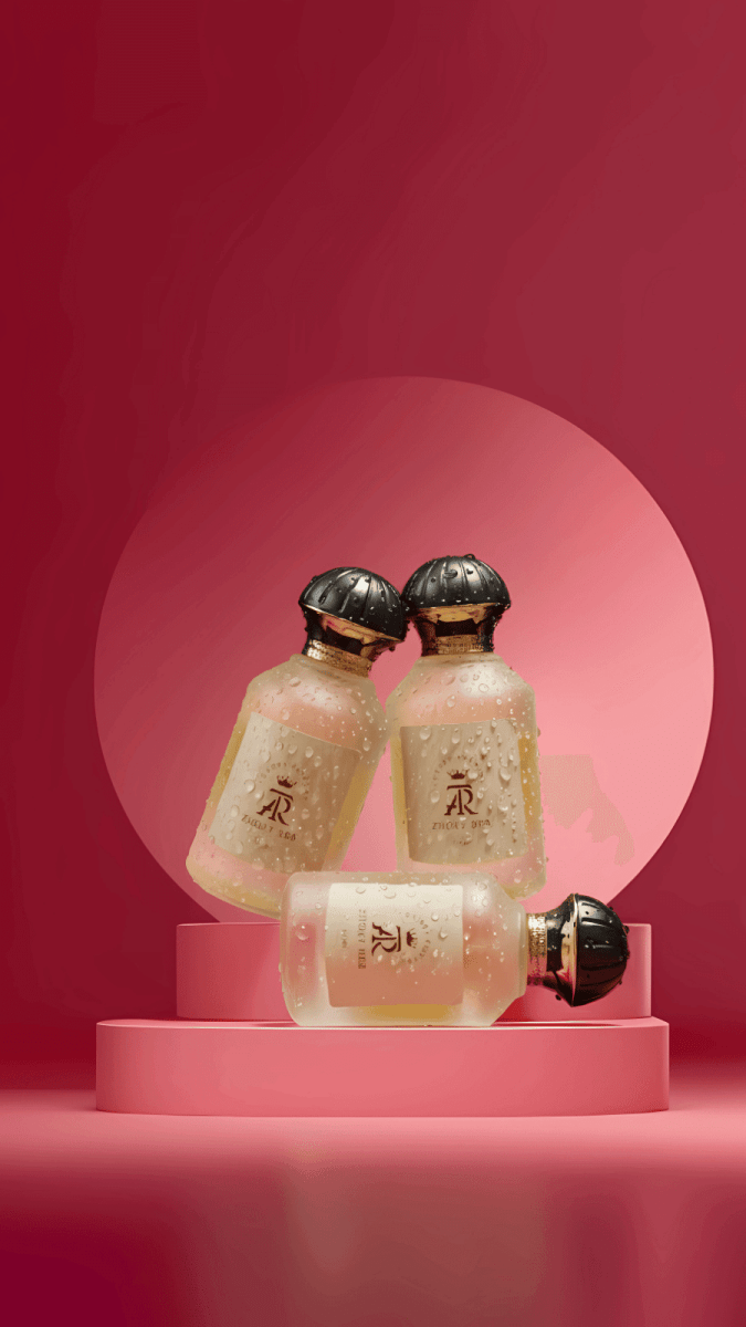 Cosmetic set with bottles and a jar on a pink platform against a red background