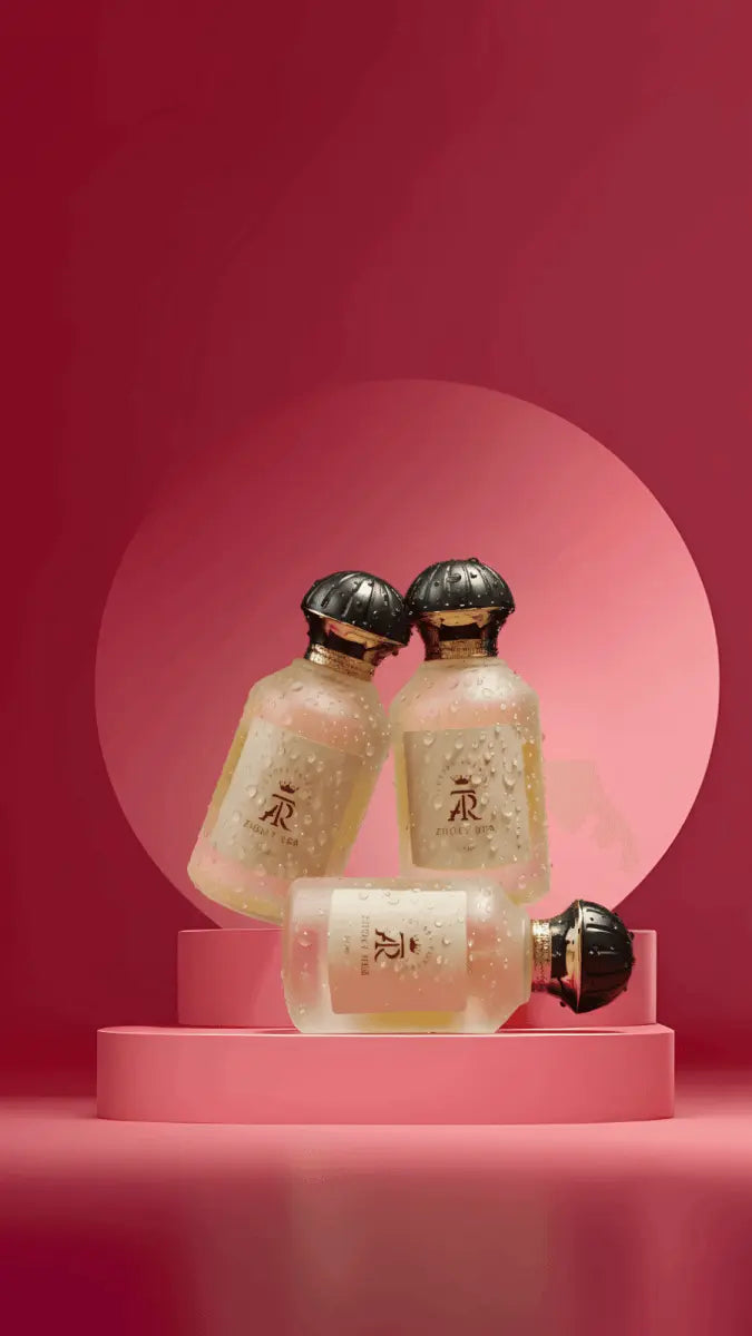 Zhory Her Eau de Parfum in a frosted bottle with a gold cap, displayed on a pink pedestal against a gradient background.