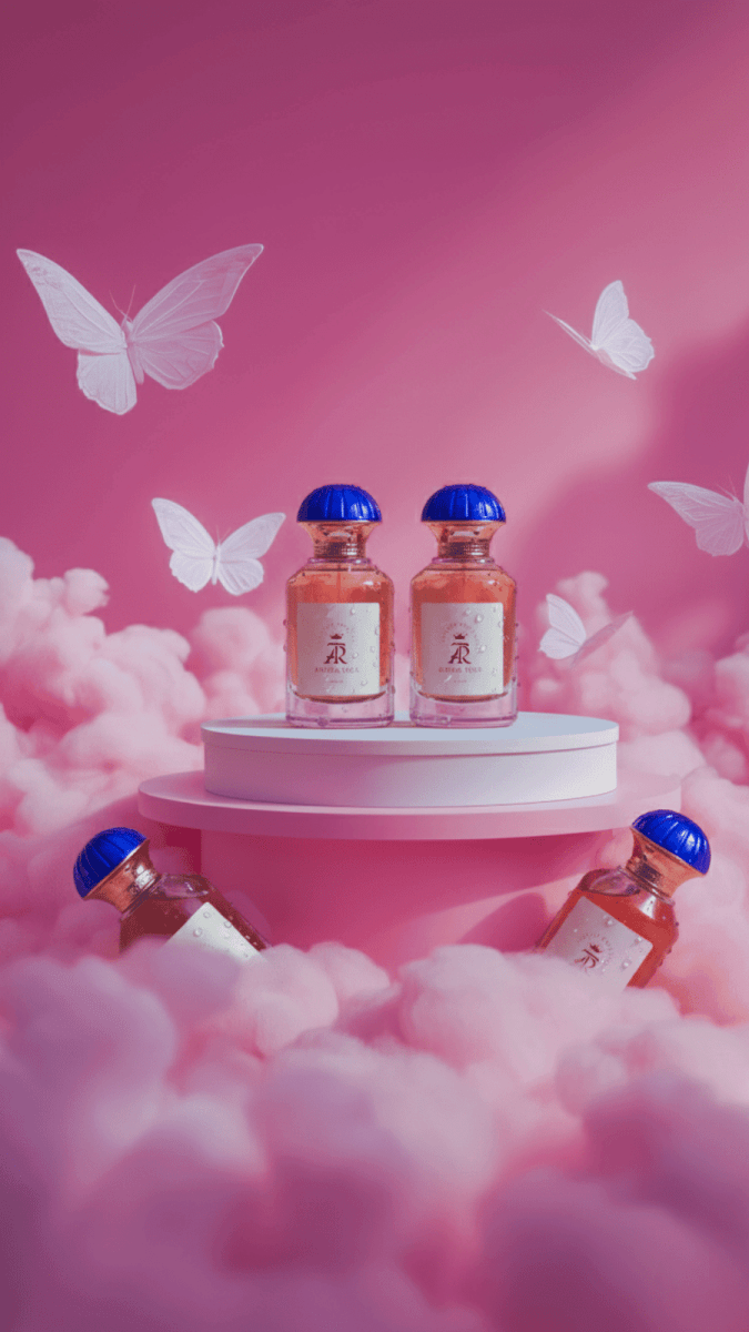 Two bottles with blue caps on a pink platform surrounded by cotton candy and butterflies against a pink background.
