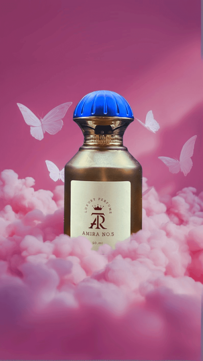 Amira No.5 perfume bottle with blue cap on a pink cloud background
