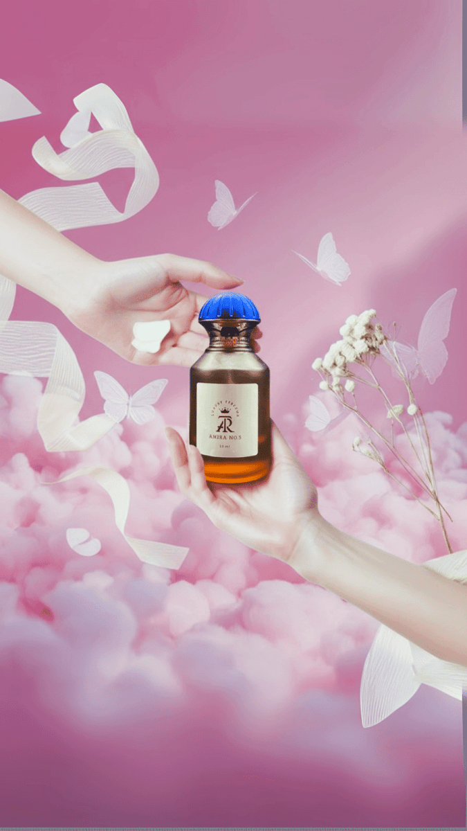 Hand holding a small bottle with a blue cap against a pink background with butterfly graphics