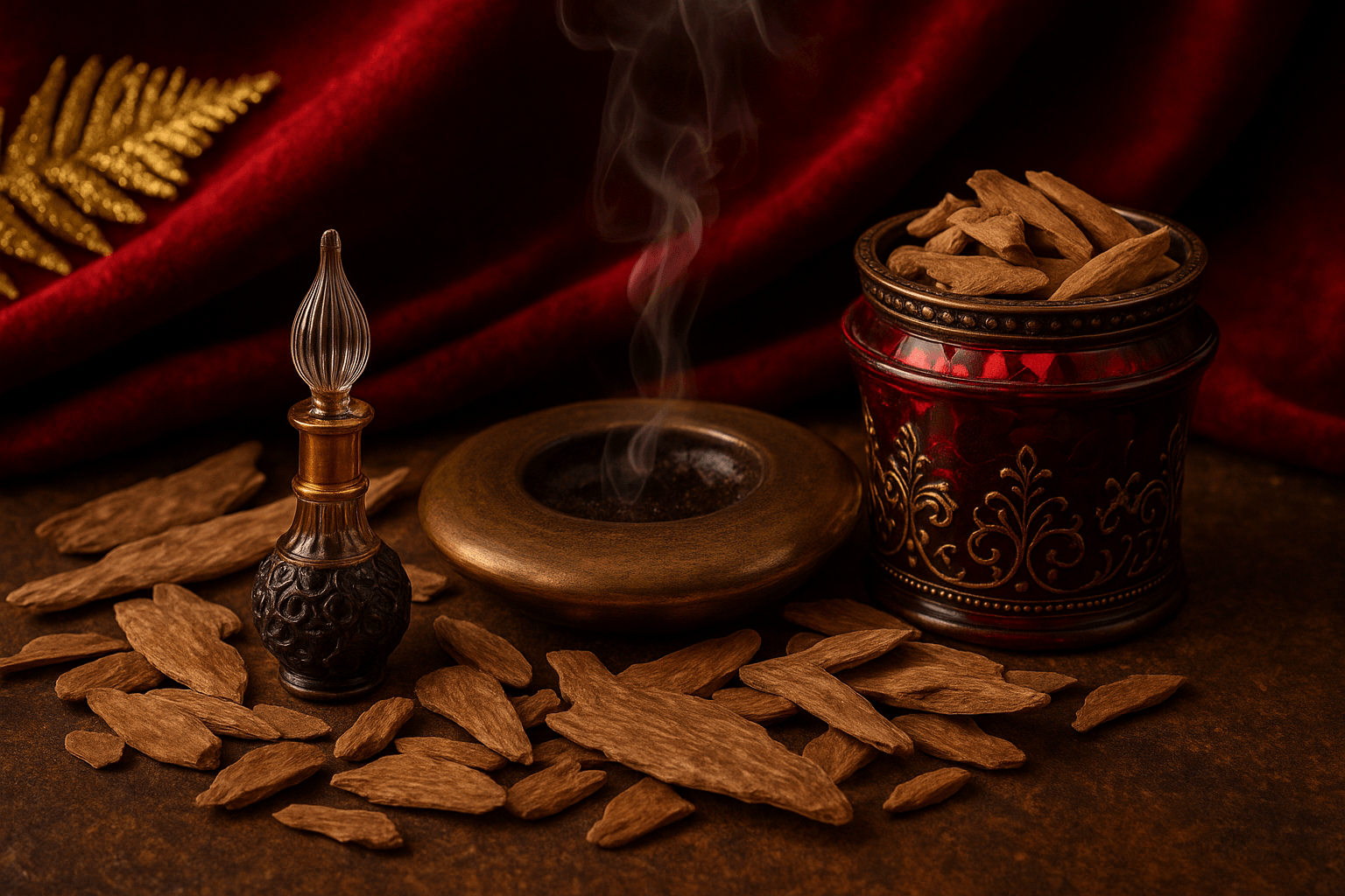 Incense burner with smoking incense, container of incense sticks, and scattered incense leaves on a dark background.