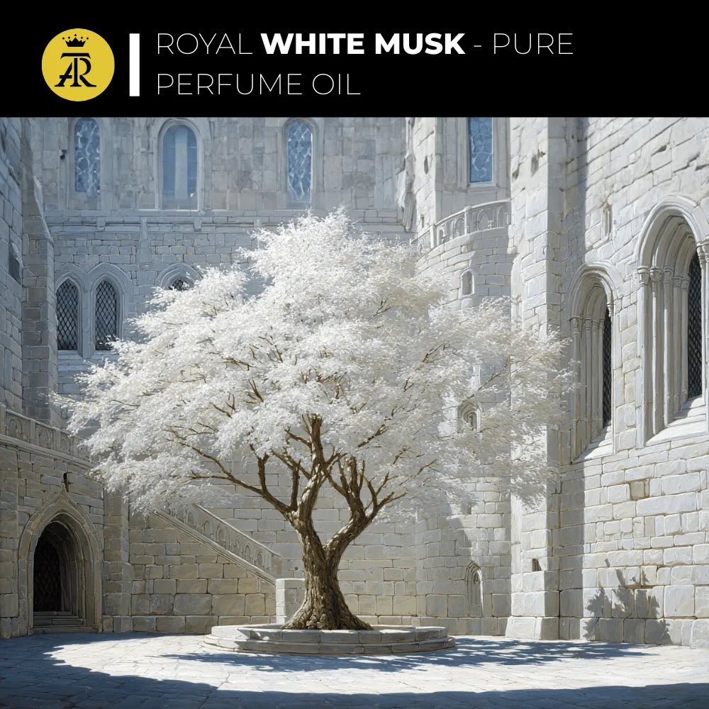 Perfume oil advertisement with a white tree in front of a stone building