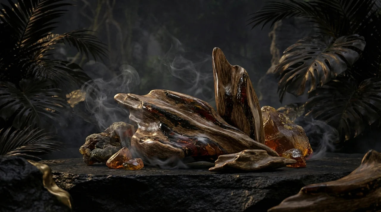 Oud wood and amber resin with aromatic smoke on dark stone surface surrounded by tropical leaves