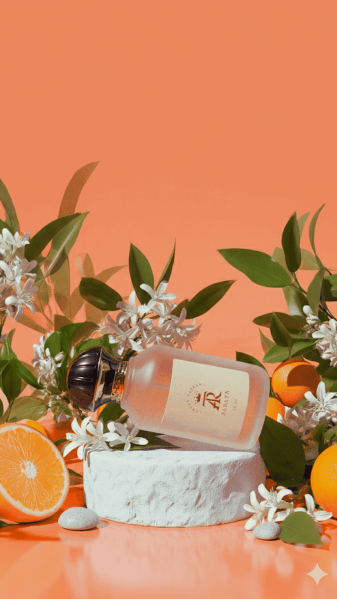 Pink bottle with a white label on a stone surface surrounded by oranges and greenery against an orange background