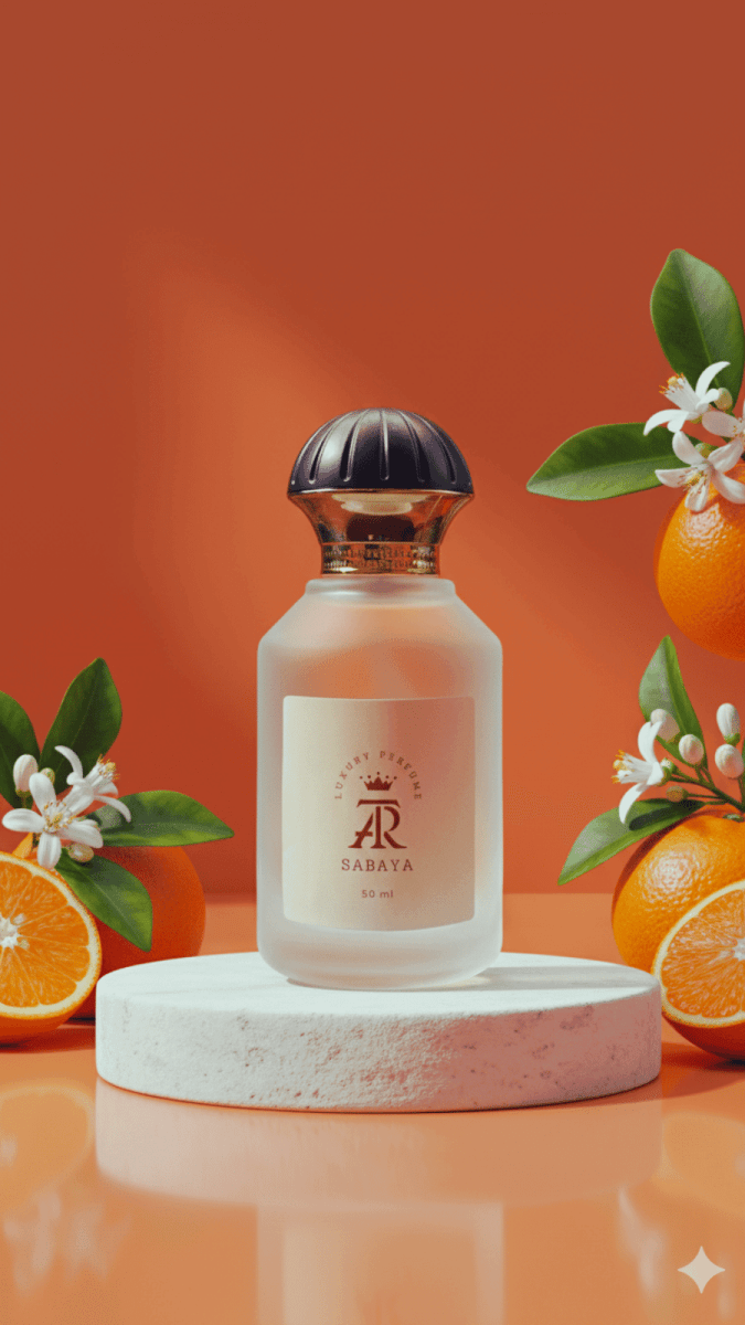Perfume bottle with oranges and flowers on an orange background