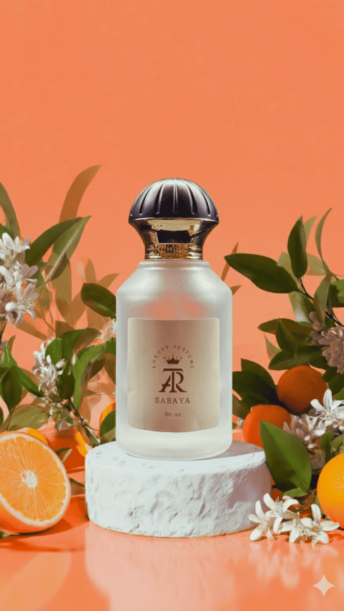Perfume bottle with floral and fruit elements on an orange background
