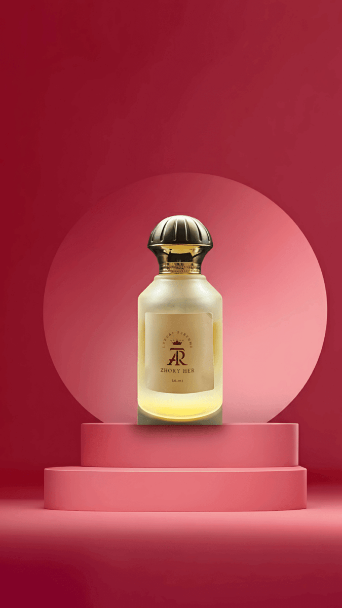 Perfume bottle on a pink platform with a red background