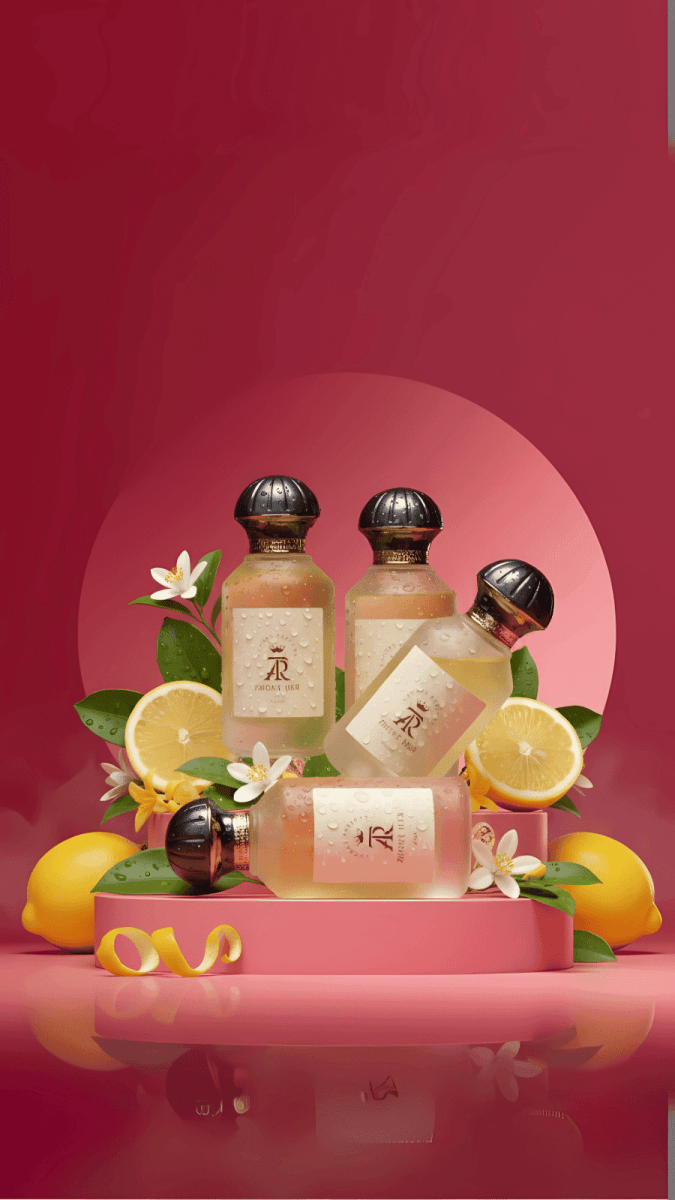 Three bottles and a jar with decorative elements on a pink platform against a red background