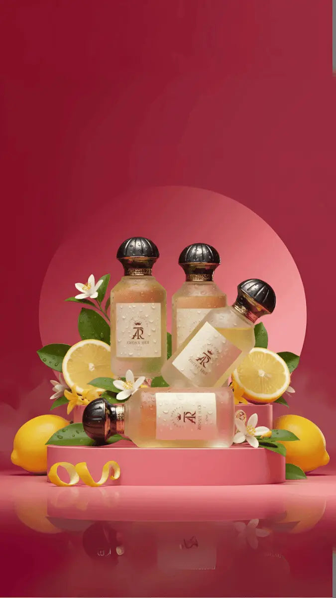 Zhory Her Eau de Parfum in an elegant frosted bottle with a gold cap, displayed against a vibrant pink backdrop.