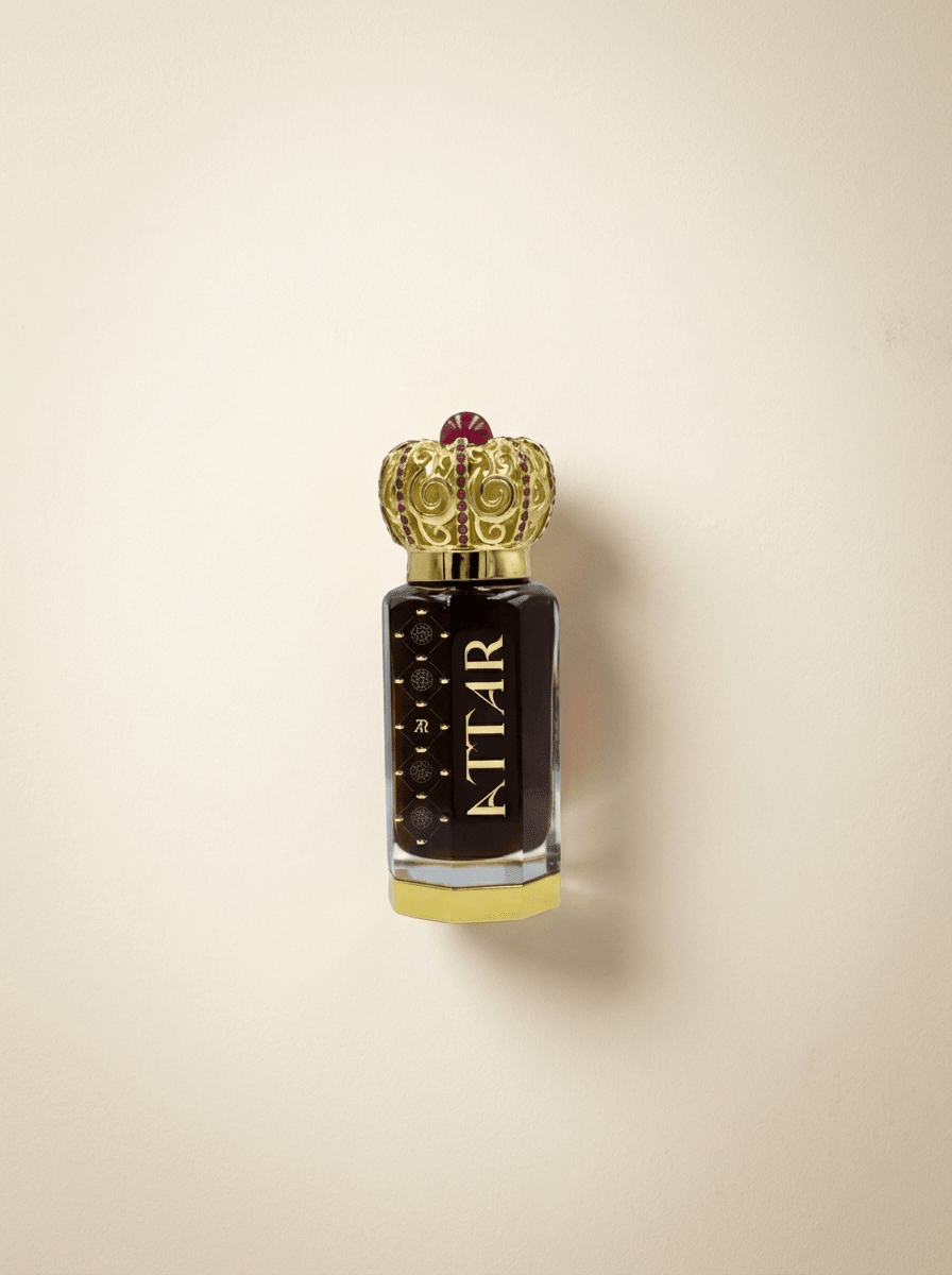 Perfume bottle with decorative cap on a beige background
