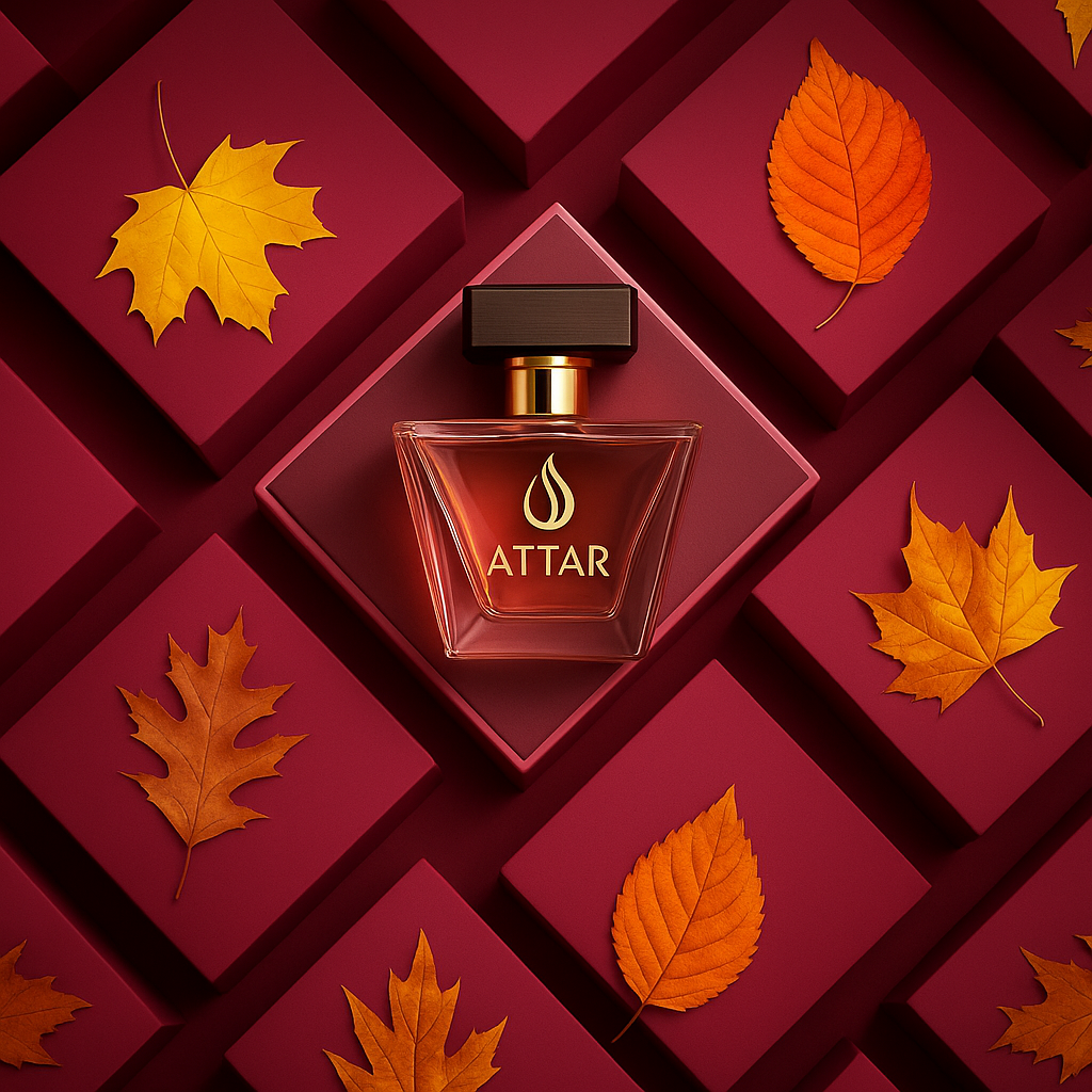 Attar perfume bottle surrounded by autumn leaves on a red geometric pattern