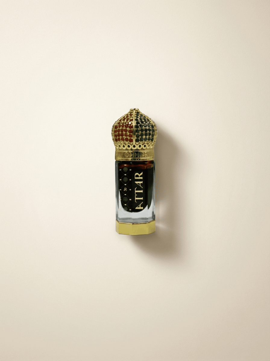 Perfume bottle with decorative cap on a beige background