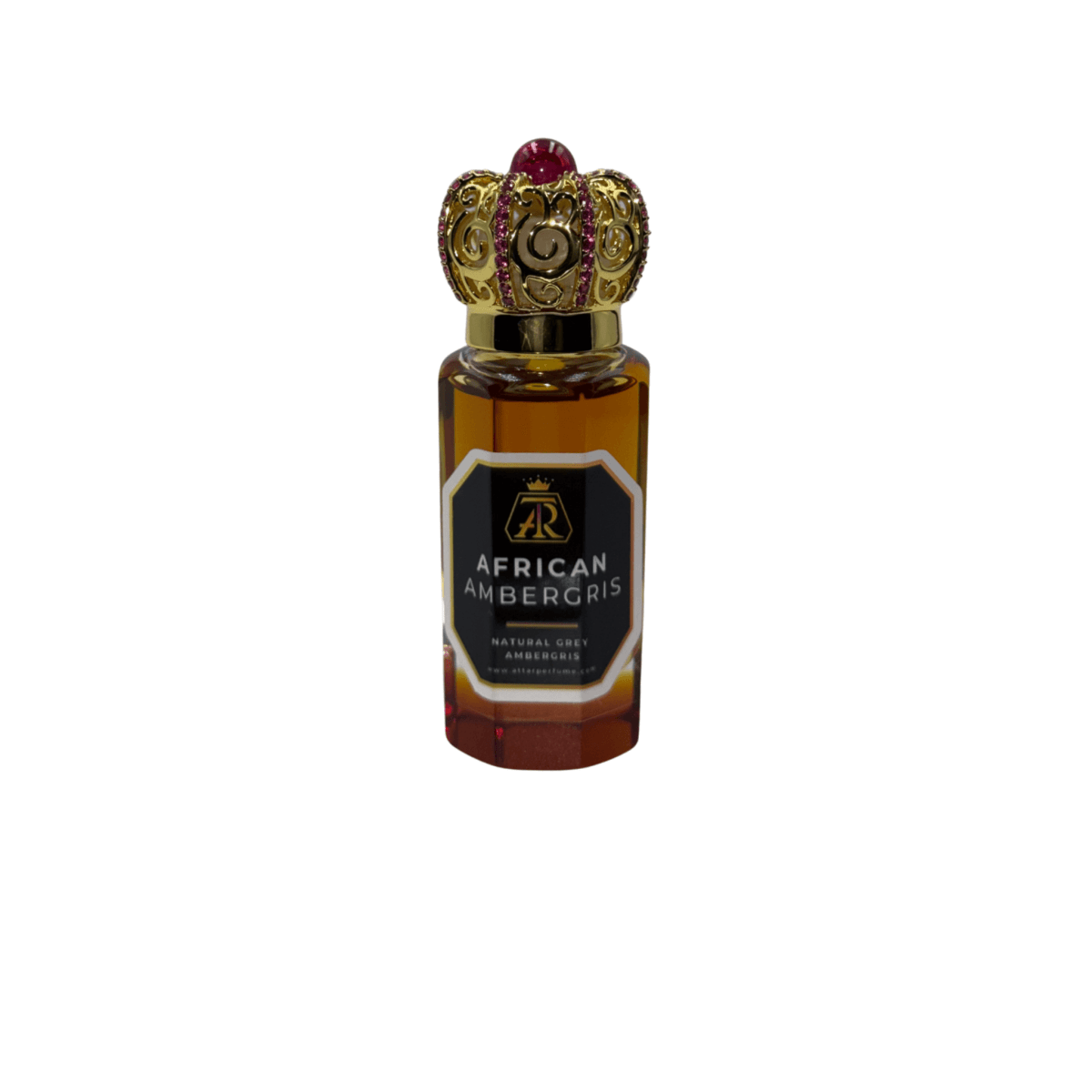 Perfume bottle with decorative cap labeled '' on a white background