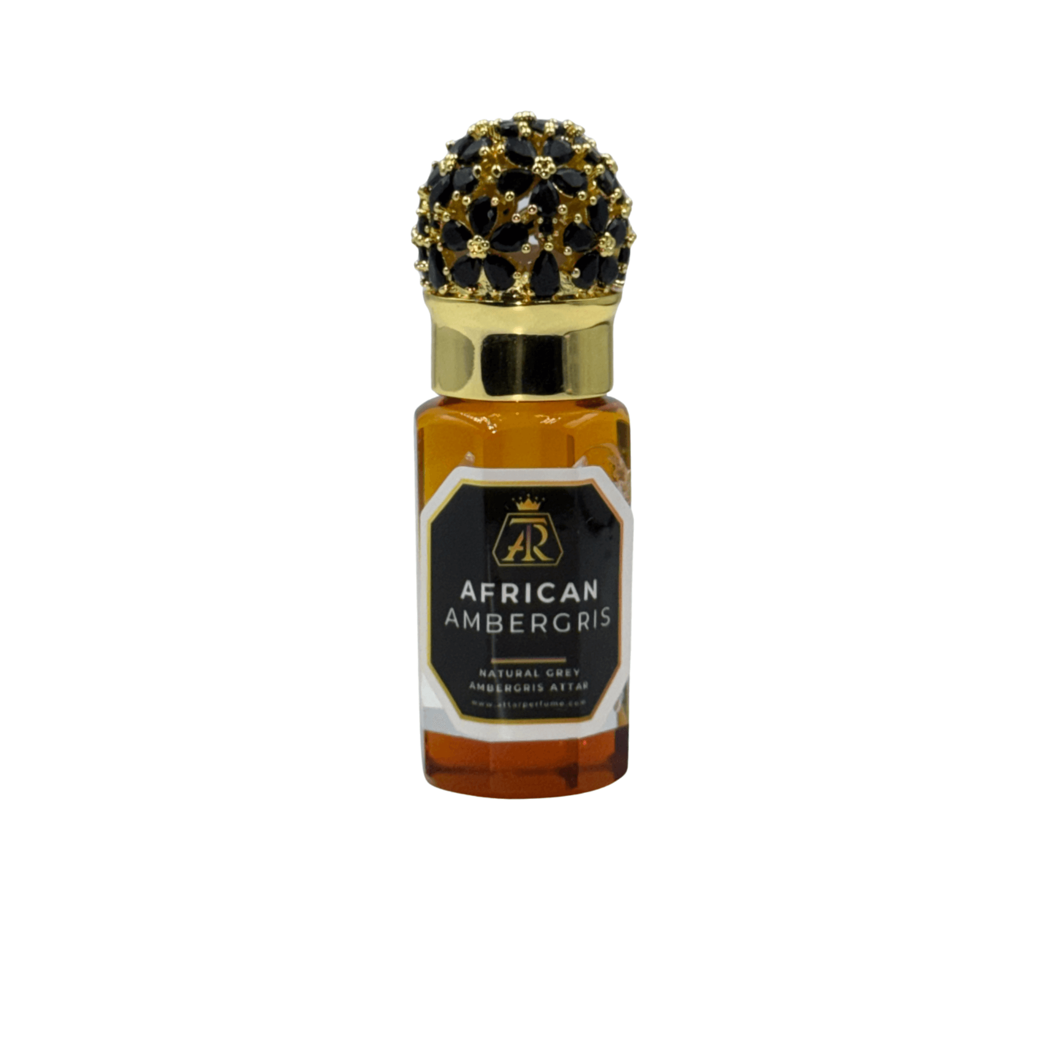 Perfume bottle labeled 'African Ambergris' with a decorative cap on a white background
