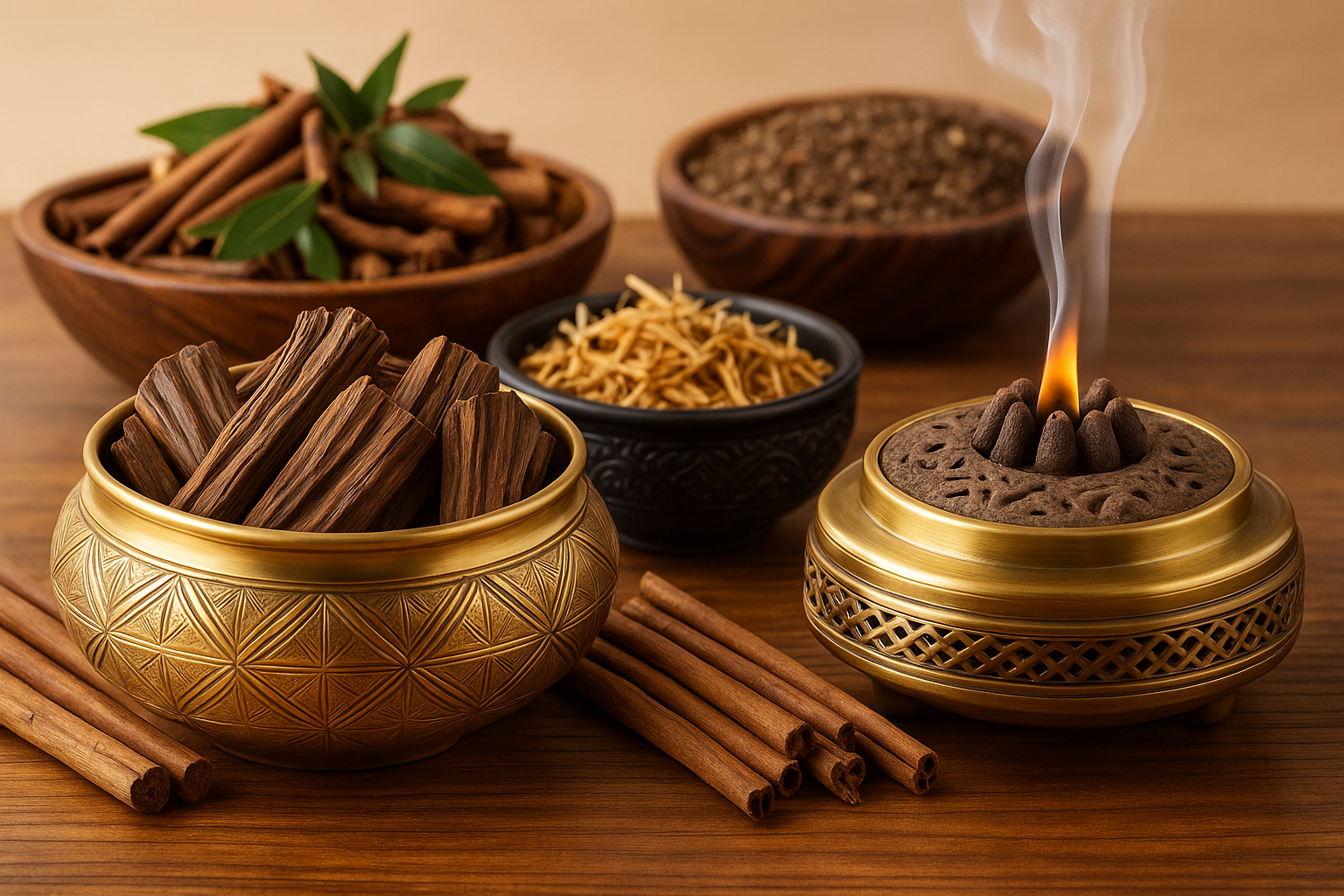 Incense burner with burning incense cones surrounded by cinnamon sticks and bowls of spices on a wooden surface.