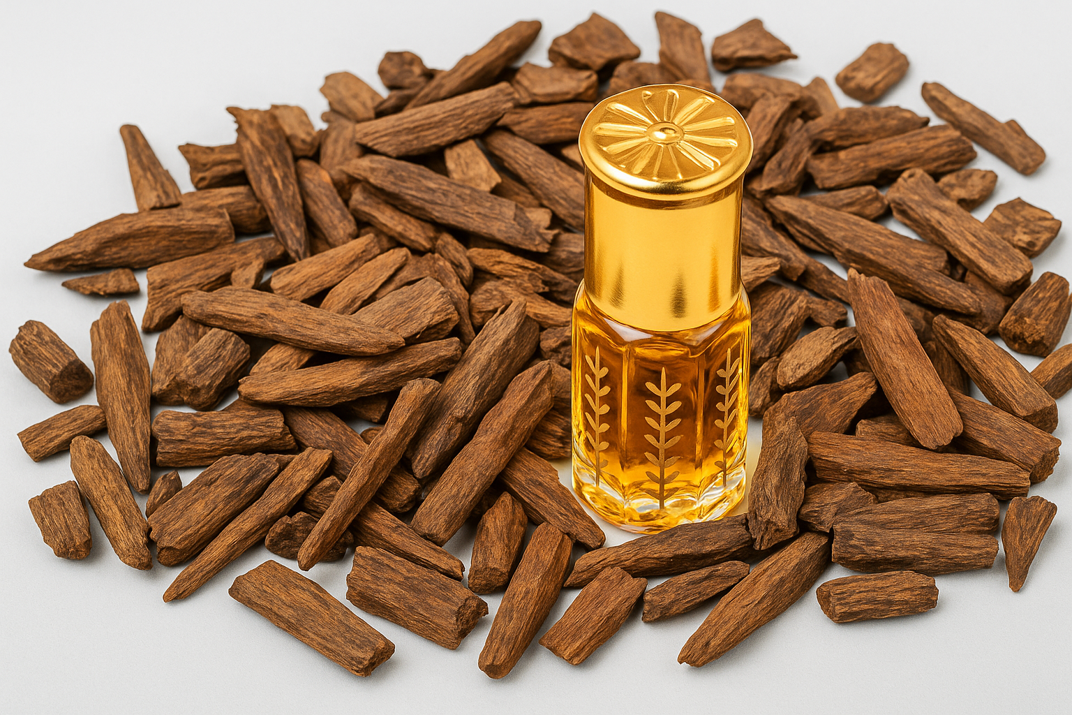 Amber-colored bottle of essential oil surrounded by brown resin pieces on a light gray background