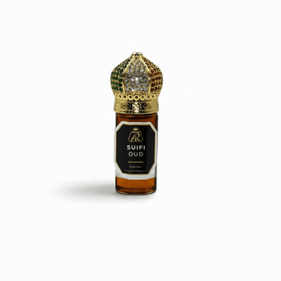 Bottle of Suifi Oud with decorative cap on a white background