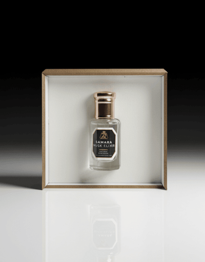 Perfume bottle in a wooden box on a white background