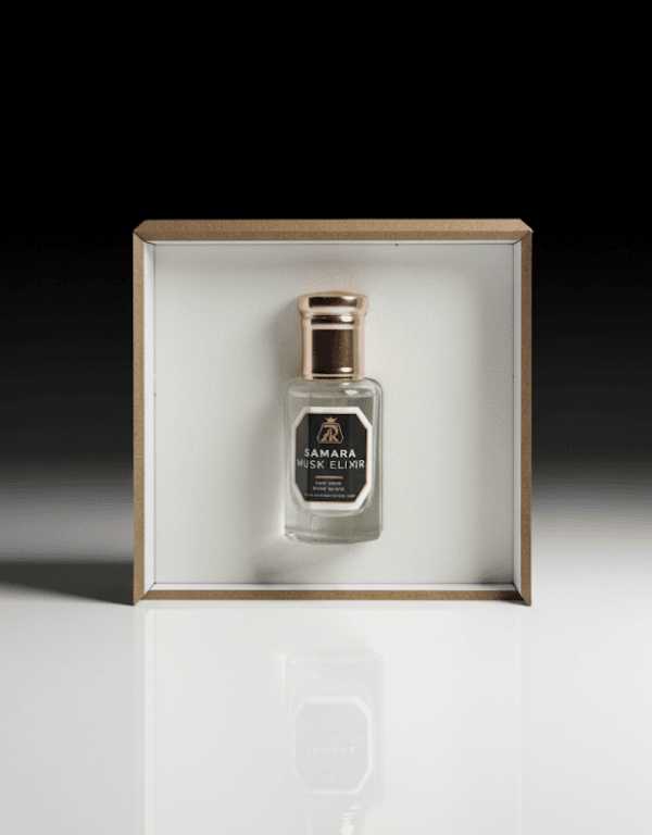 Perfume bottle in a wooden box on a white background