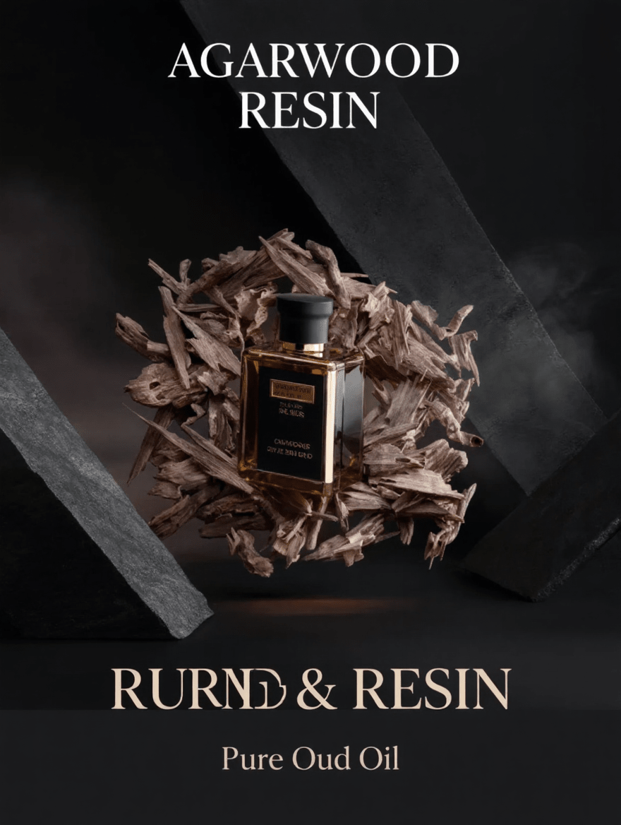 Agarwood Resin Pure Oud Oil perfume bottle surrounded by agarwood chips on dark background