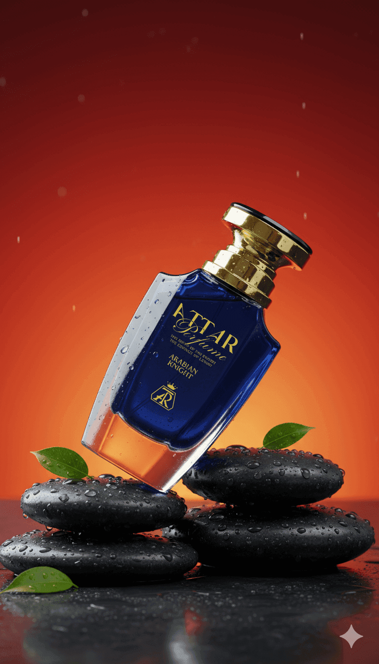 Blue perfume bottle with gold cap on black stones against a red background