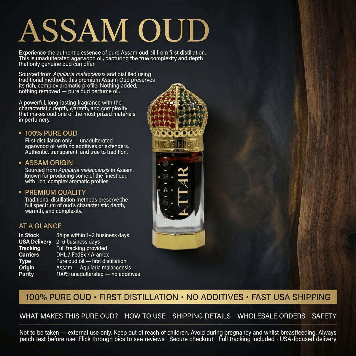 Assam Oud 100% Pure First Distillation Oud Oil product detail with Attar bottle and product specifications