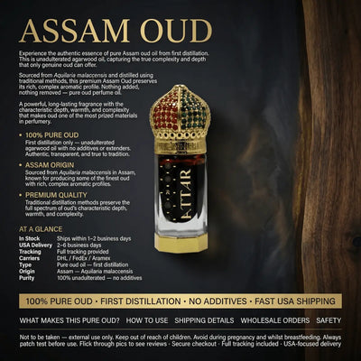 Assam Oud 100% Pure First Distillation Oud Oil product detail with Attar bottle and product specifications