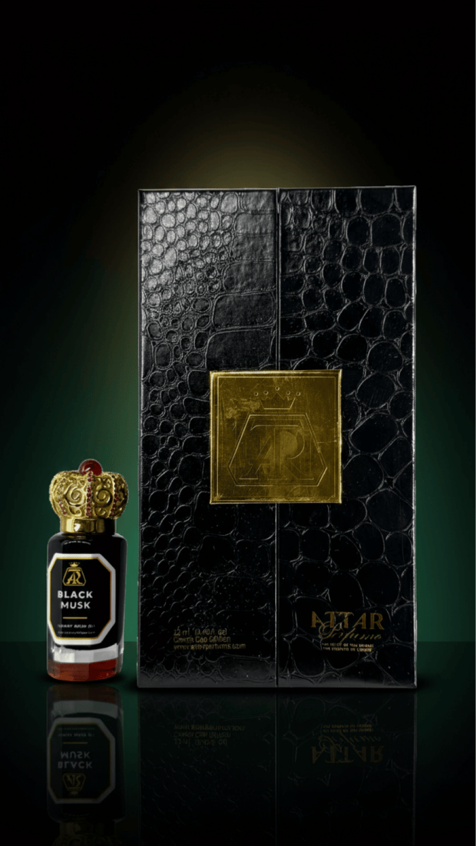 Black Musk – Extrait Oil - attar perfumeBlack Musk – Extrait OilmuskAttar Perfumeattar perfumeLuxury black crocodile leather box with gold accents and a small black bottle with gold cap on a dark background12 Ml