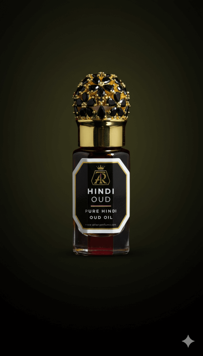 Hindi Oud – Pure Oud Oil (Over 10 Years Aged) - attar perfumeHindi Oud – Pure Oud Oil (Over 10 Years Aged)oud oilAttar Perfumeattar perfumeHindi Oud oil bottle with intricate gold cap on a dark background6 ML