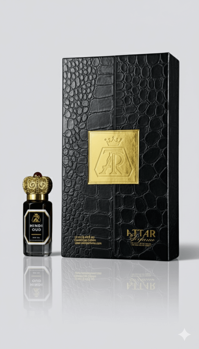 Hindi Oud – Pure Oud Oil (Over 10 Years Aged) - attar perfumeHindi Oud – Pure Oud Oil (Over 10 Years Aged)oud oilAttar Perfumeattar perfumeBlack crocodile - patterned box with gold accents featuring a logo, next to a black and gold perfume bottle on a light gray background.12 ML