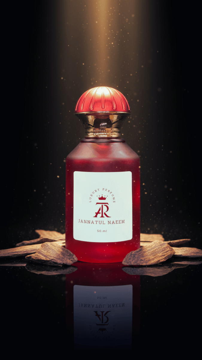 Red perfume bottle with a gold cap on a dark background