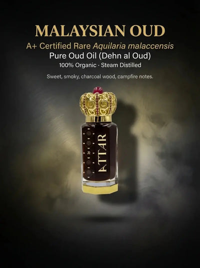Malaysian Oud A+ Certified Pure Dehn al Oud Oil luxury attar perfume bottle with ornate gold crown cap