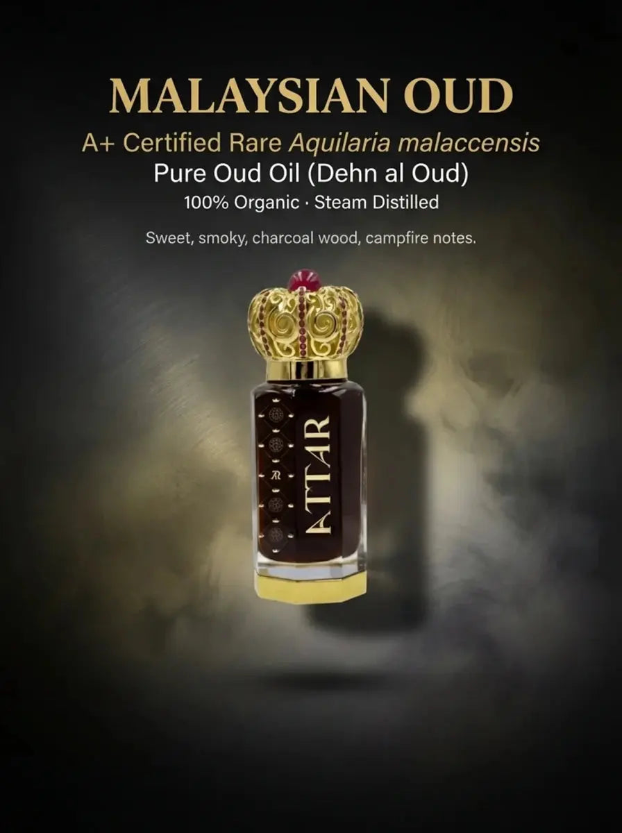 Malaysian Oud A+ Certified Pure Dehn al Oud Oil luxury attar perfume bottle with ornate gold crown cap