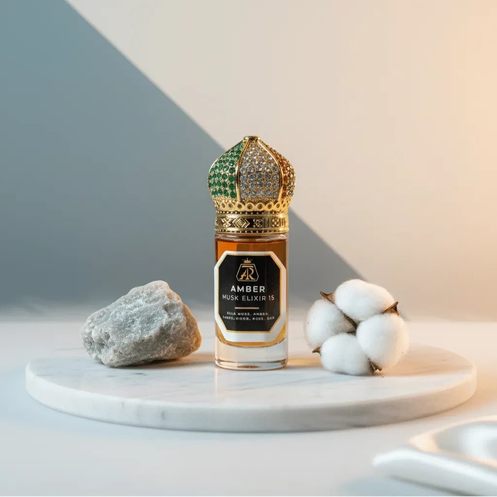 African Ambergris & Musk Elixir perfume in an elegant bottle, showcasing rich, luxurious scents.
