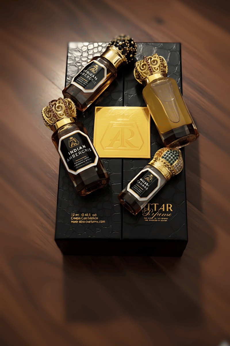 Collection of Al-Rehab perfume bottles on a dark wooden surface