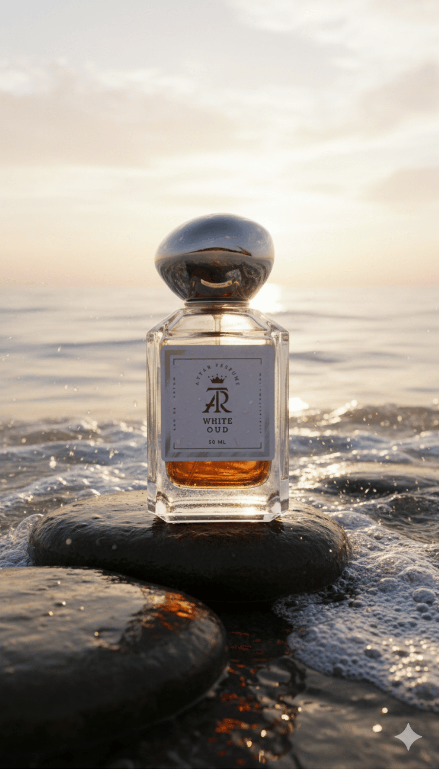 Perfume bottle on a rock by the water with a sunset background