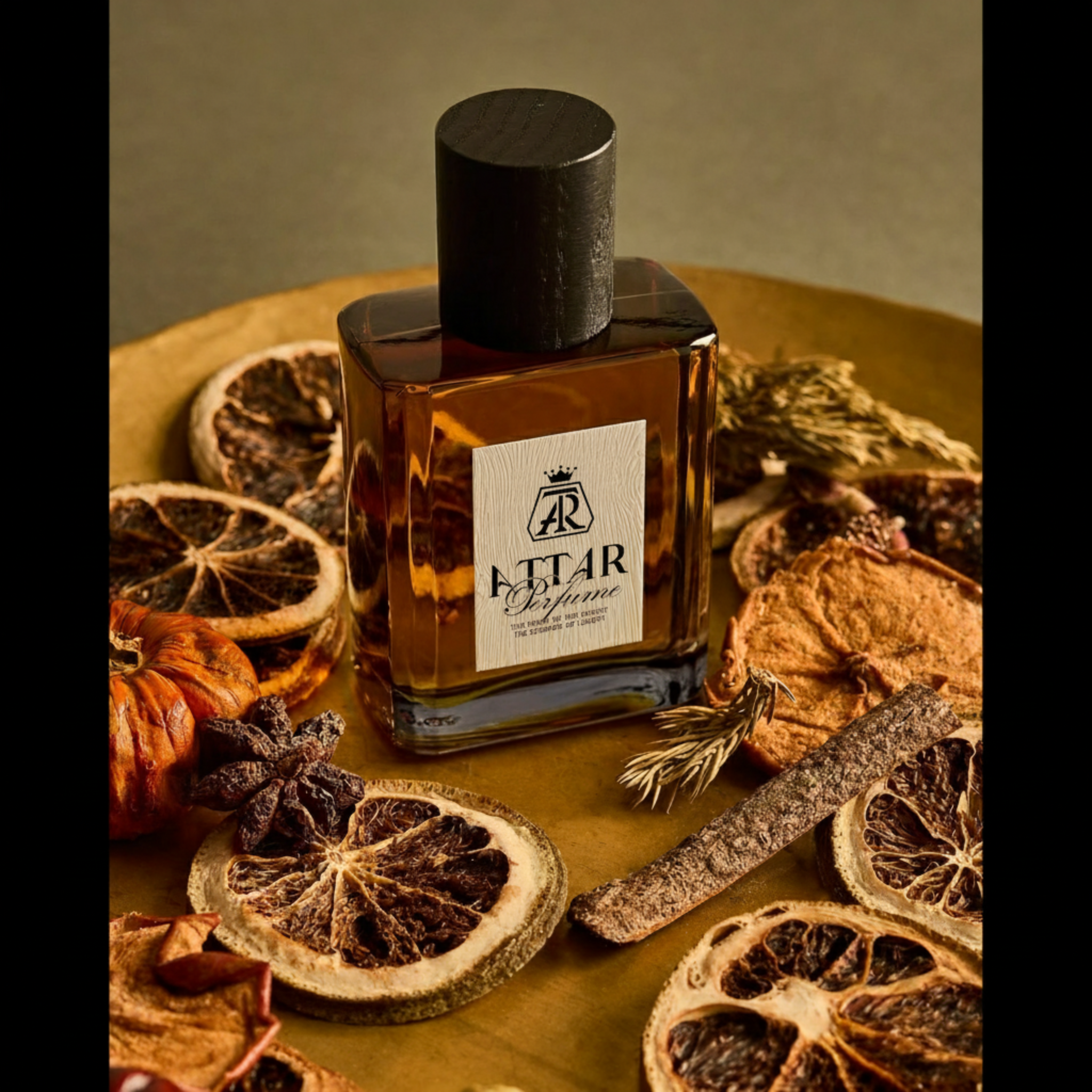 Perfume bottle with a label on a wooden surface with dried fruits and herbs