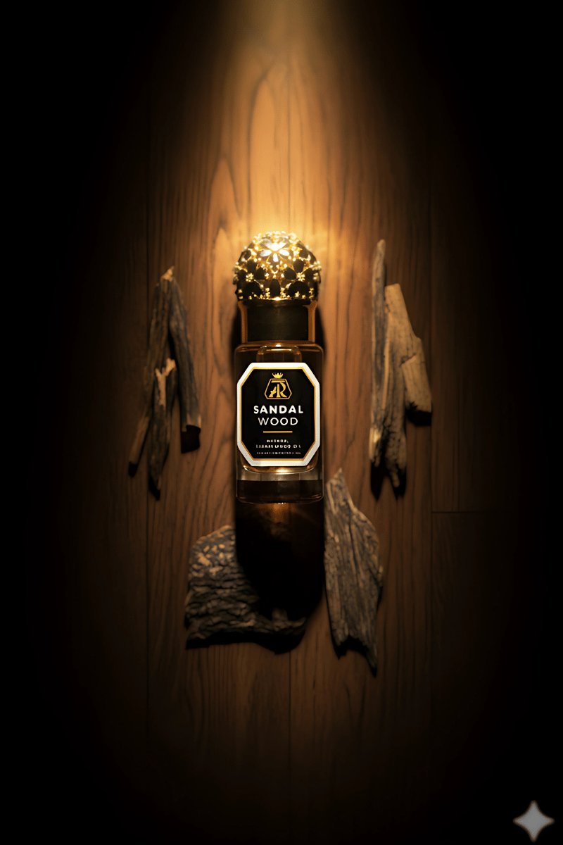 Sandalwood essential oil bottle with decorative cap on a dark background