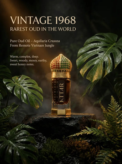 Vintage 1968 Rarest Oud in the World pure Kinam Kyara oud oil attar bottle with ornate cap in tropical jungle setting