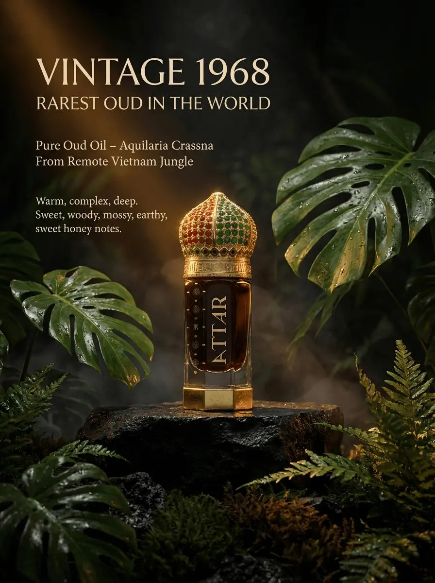 Vintage 1968 Rarest Oud in the World pure Kinam Kyara oud oil attar bottle with ornate cap in tropical jungle setting