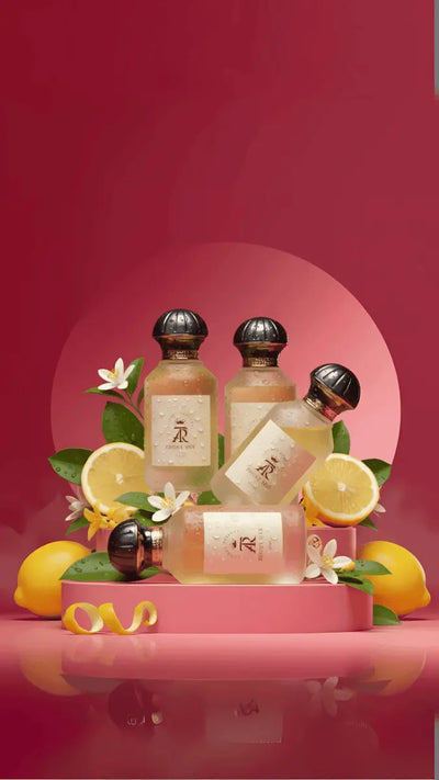 Zhory Her Eau de Parfum in an elegant frosted bottle with a gold cap, displayed against a vibrant pink backdrop.